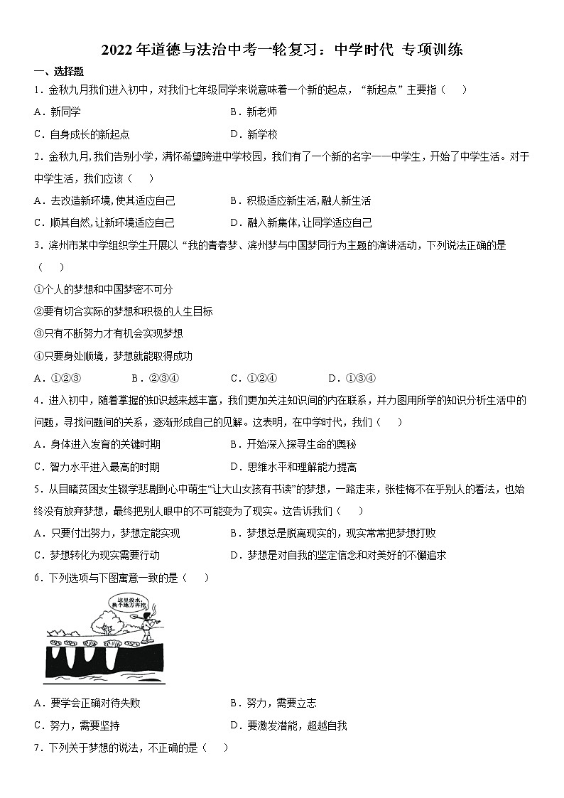 2022年道德与法治中考一轮复习：中学时代 专项训练 含答案01