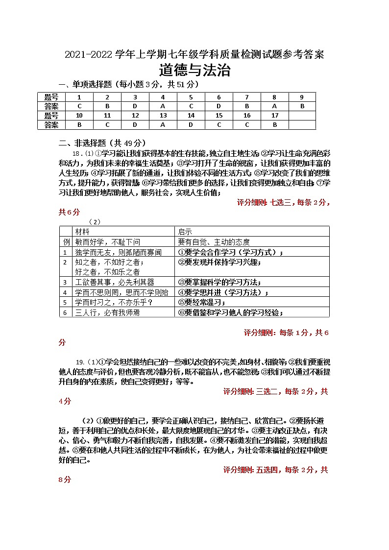 七上道德与法治参考答案第1页