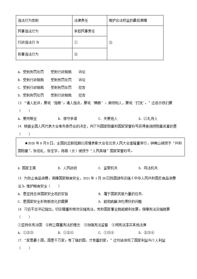 2021年江苏省扬州市中考道德与法治试题（原卷+解析）03