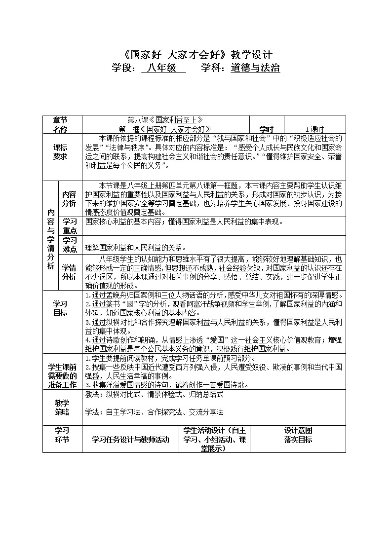 2021-2022学年部编版道德与法治八年级上册 8.1 国家好 大家才能好 教案第1页