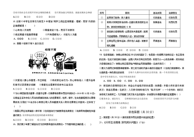 山东省菏泽市曹县2020-2021学年上学期八年级道德与法治期中考试试题（word版 含答案）02
