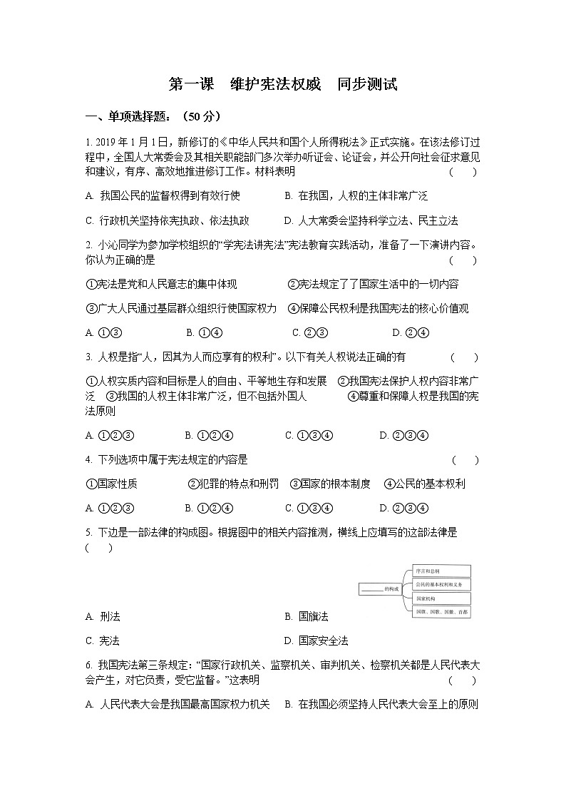 部编版八年级道德与法治 下册1.1 党的主张和人民意志的统一 同步测试01