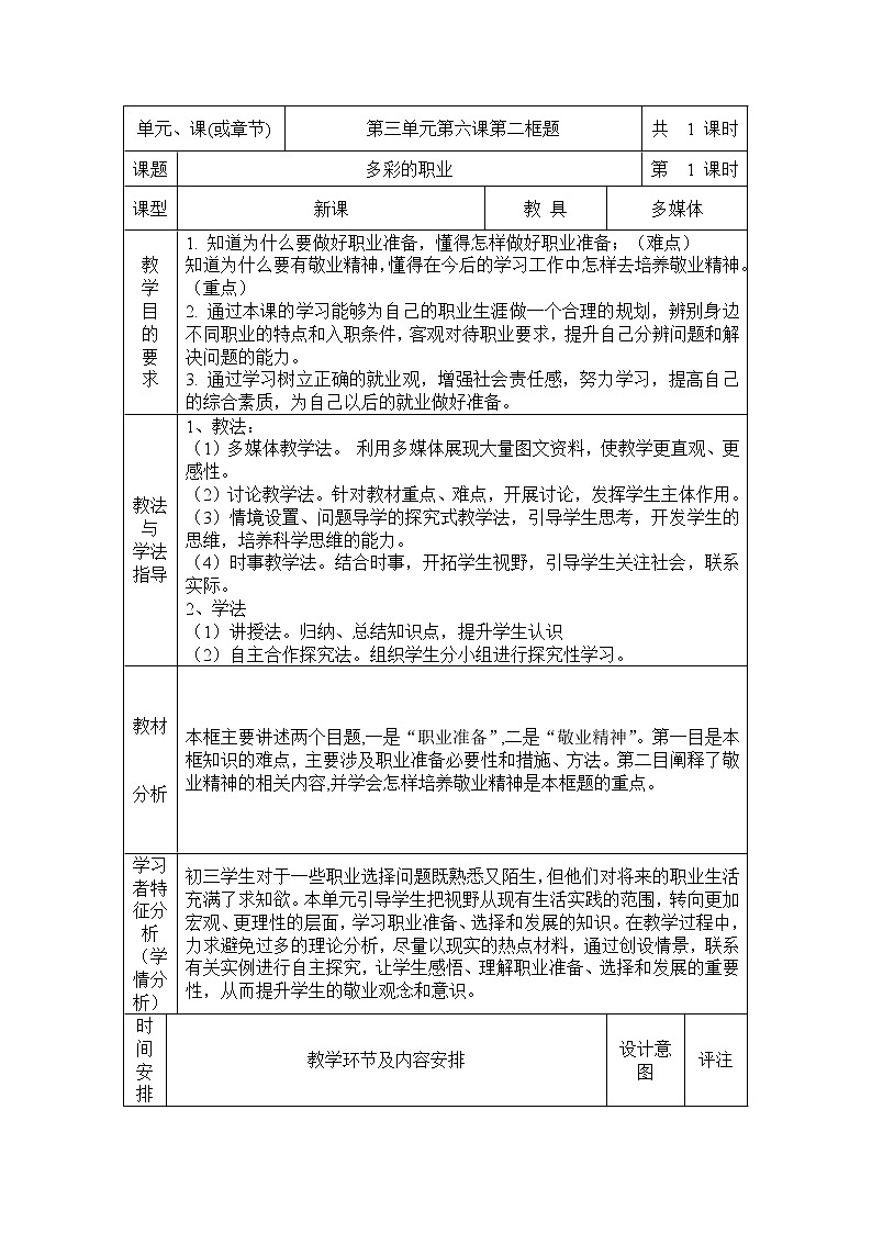 人教部编版道德与法治九年级下册：多彩的职业 教案第1页