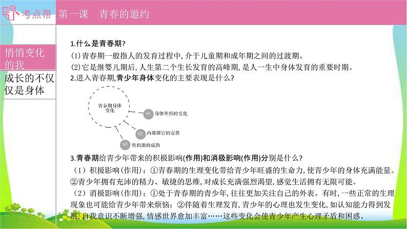 部编版中考道德与法治复习七下第1单元青春时光优质课件PPT01