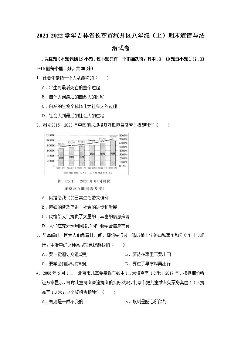 吉林省长春市汽车经济开发区2021-2022学年八年级上学期期末考试道德与法治试题（word版 含答案）第1页