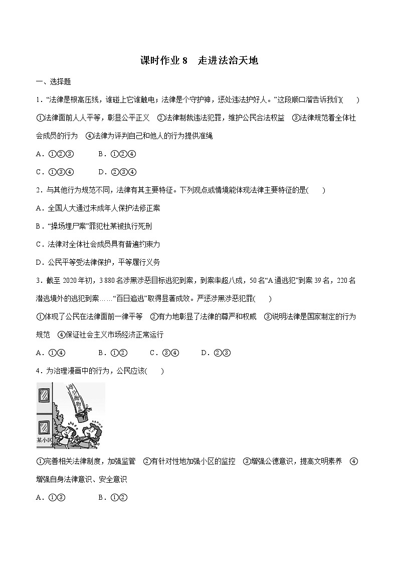 2022届 初中道德与法治 一轮复习 课时8 走进法治天地 作业 练习01