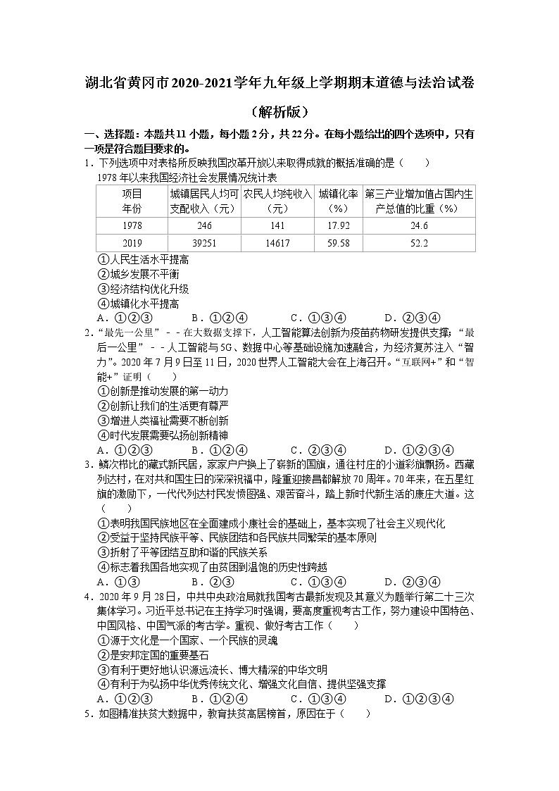 湖北省黄冈市2020-2021学年九年级上学期期末道德与法治试题（word版 含答案）第1页