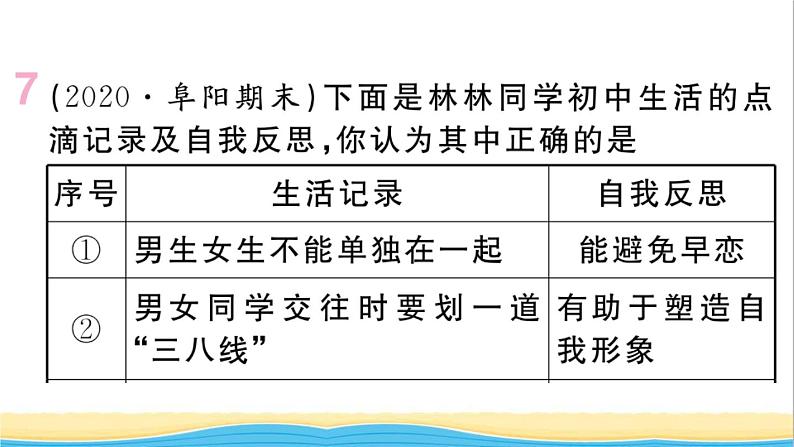 安徽专版七年级道德与法治下册第一单元青春时光第二课青春的心弦第2框青春萌动作业课件新人教版第8页