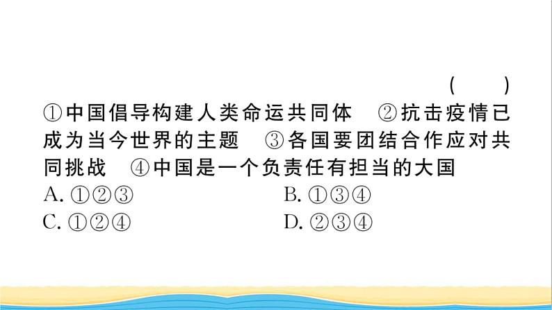 安徽专版九年级道德与法治下册精题汇编世界舞台上的中国作业课件新人教版06