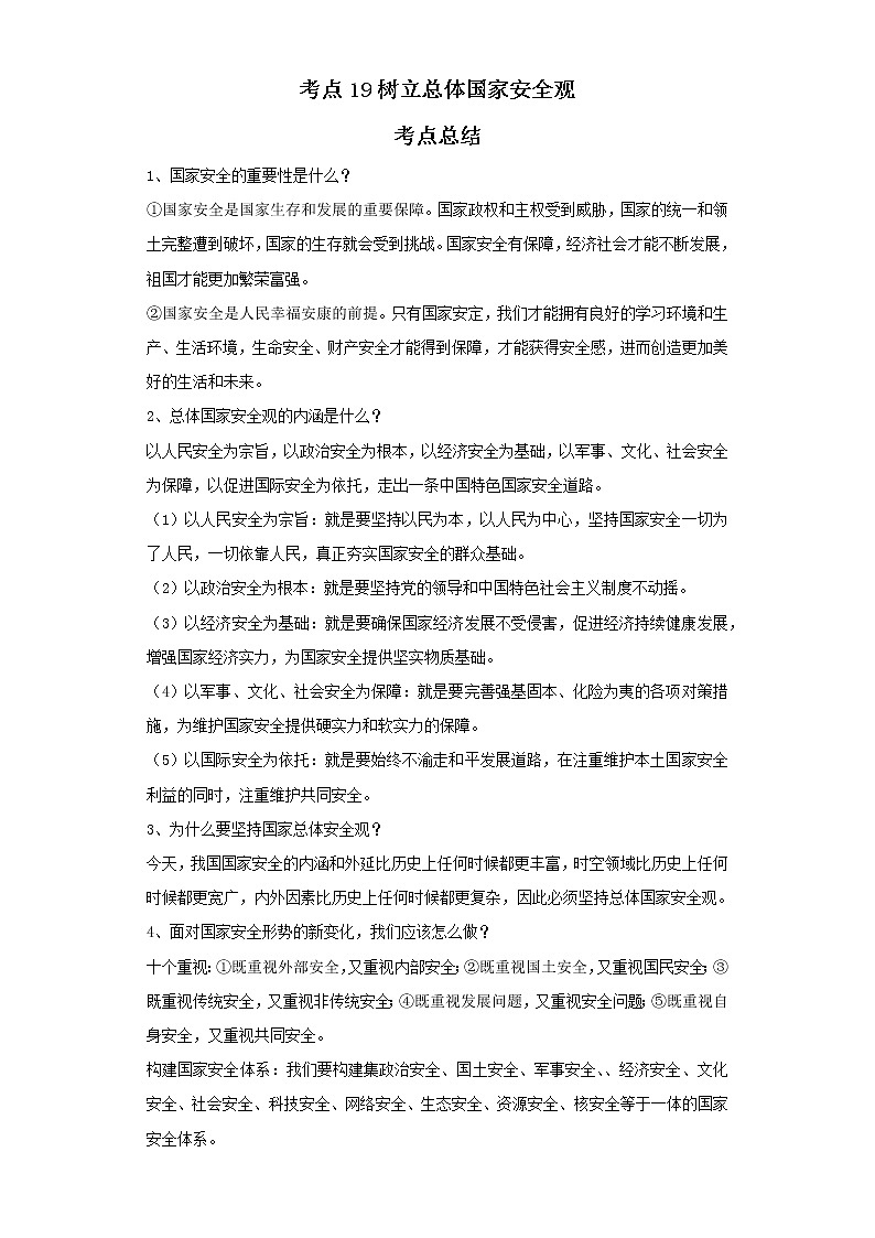 考点19树立总体国家安全观（原卷板）-2022年道德与法治中考一轮复习考点透析（部编版）第1页