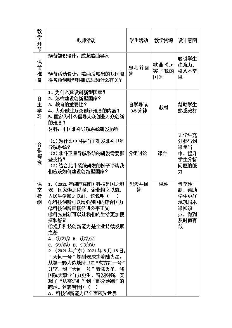 2.2创新永无止境教案2021-2022学年部编版九年级道德与法治上册02