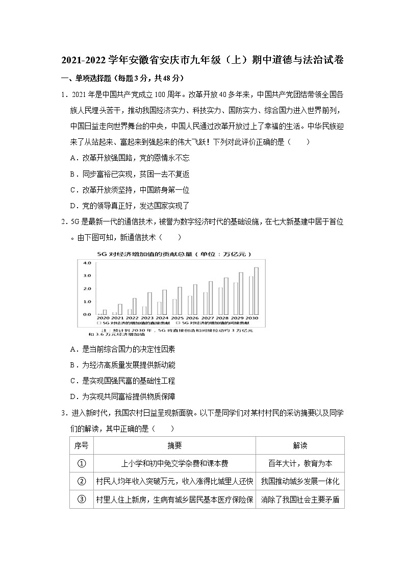 2021-2022学年安徽省安庆市九年级（上）期中道德与法治试卷   解析版第1页