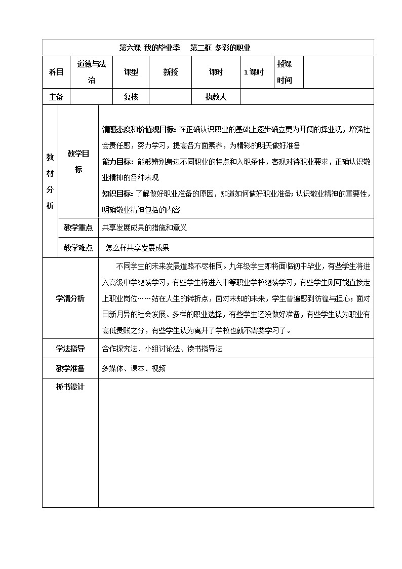 2021-2022学年九年级下册  6.2 多彩的职业（教案）第1页
