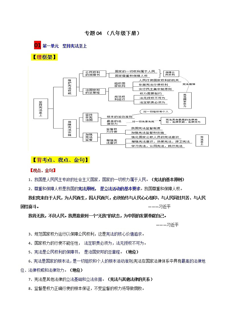 专题04 2022年中考道德与法治考前必背核心考点、金句（八年级下册）-2022年中考道德与法治考前干货系列（部编版）第1页