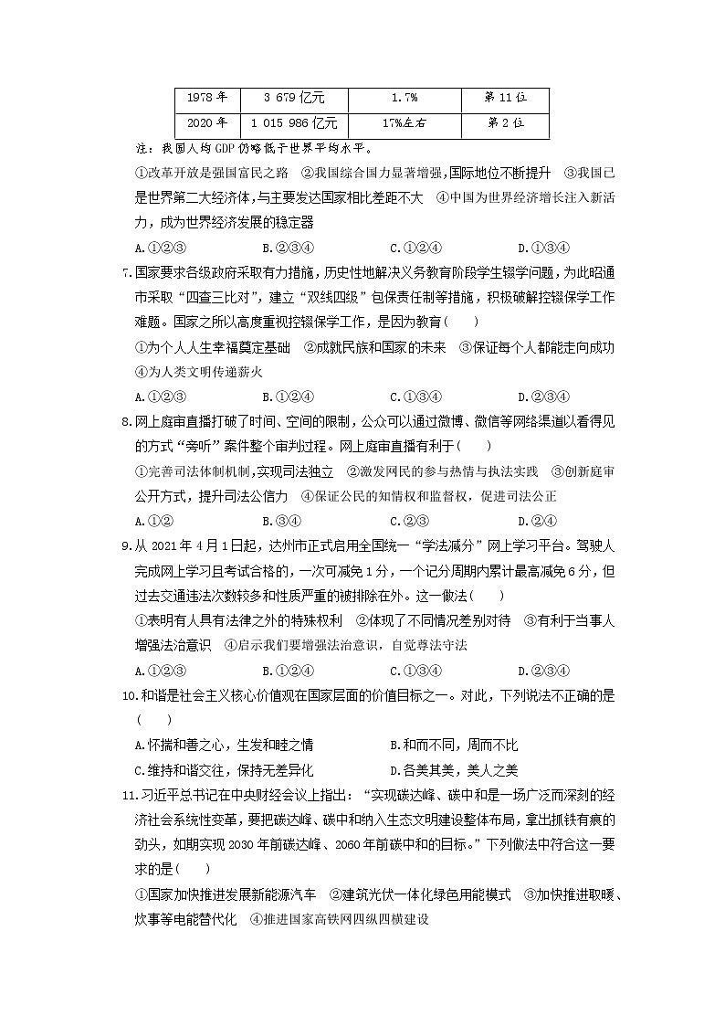 2021-2022学年 四川省达州市九年级下学期模拟测试 道德与法治 （word版）第2页