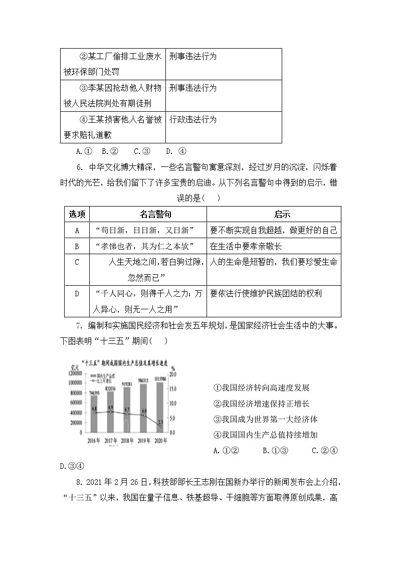 2021-2022学年 山东省济宁市嘉祥县 九年级下学期模拟测试 道德与法治 （word版）第3页
