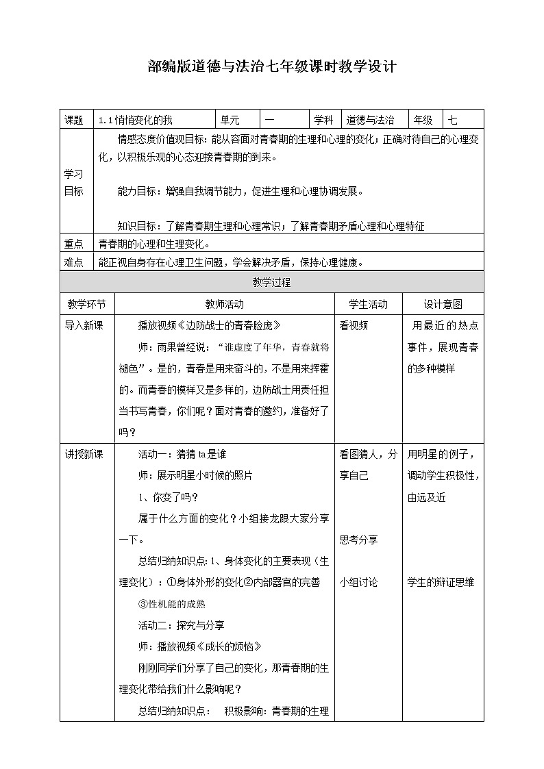 2021-2022学年统编版道德与法治 七年级下册 1.1悄悄变化的我    教案01