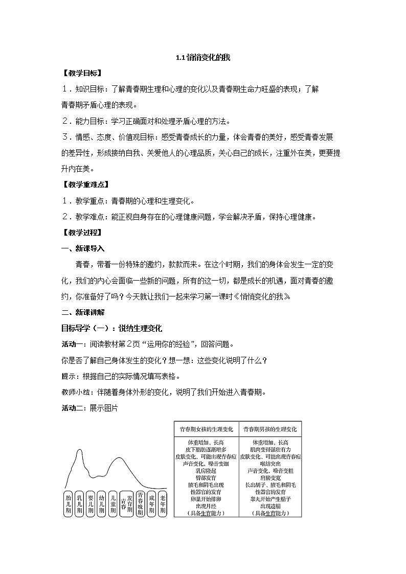 2021-2022学年统编版道德与法治 七年级下册 1.1悄悄变化的我 教案第1页