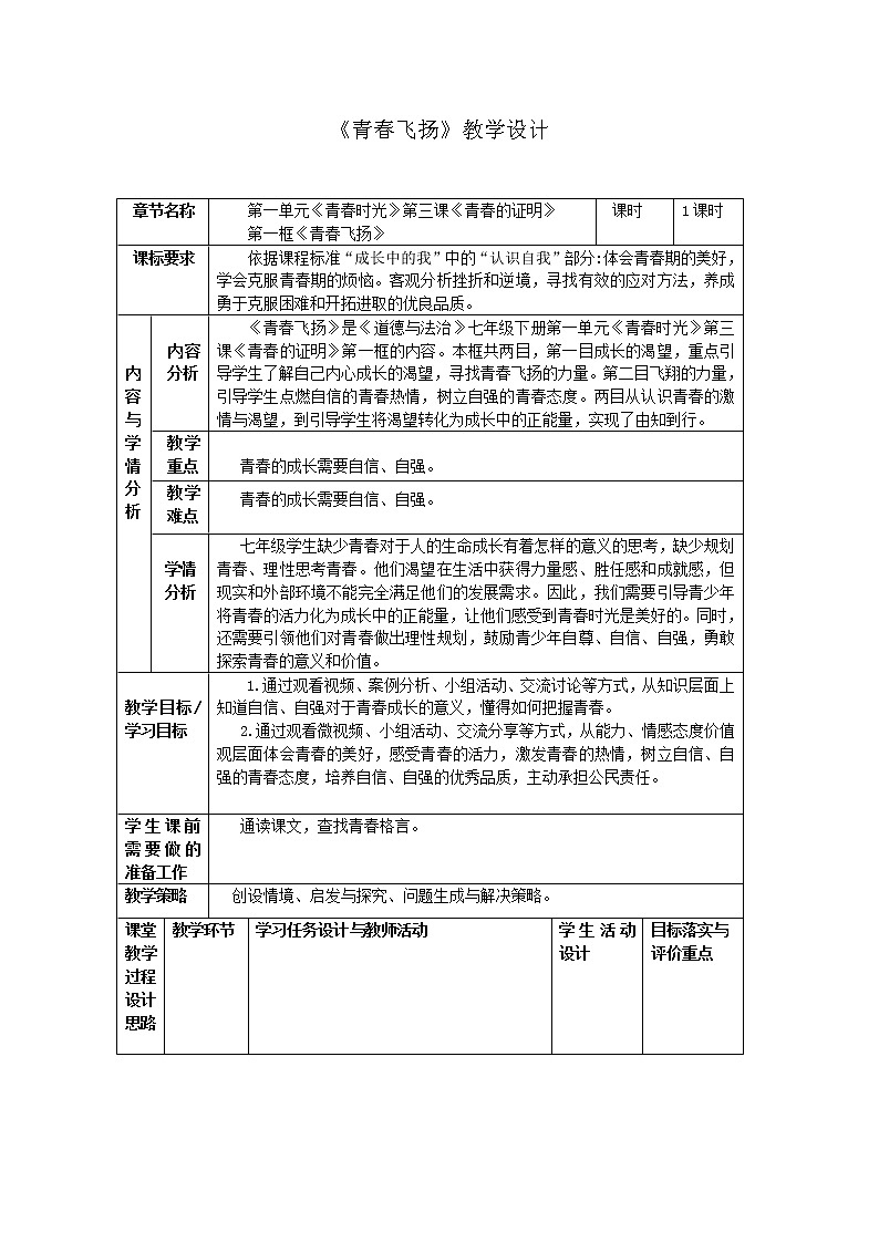 2021-2022学年统编版道德与法治 七年级下册 3.1 青春飞扬  教案第1页
