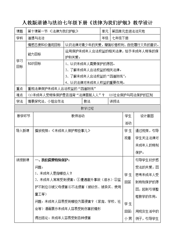 2021-2022学年统编版道德与法治 七年级下册 10.2：我们与法律同行 教案第1页