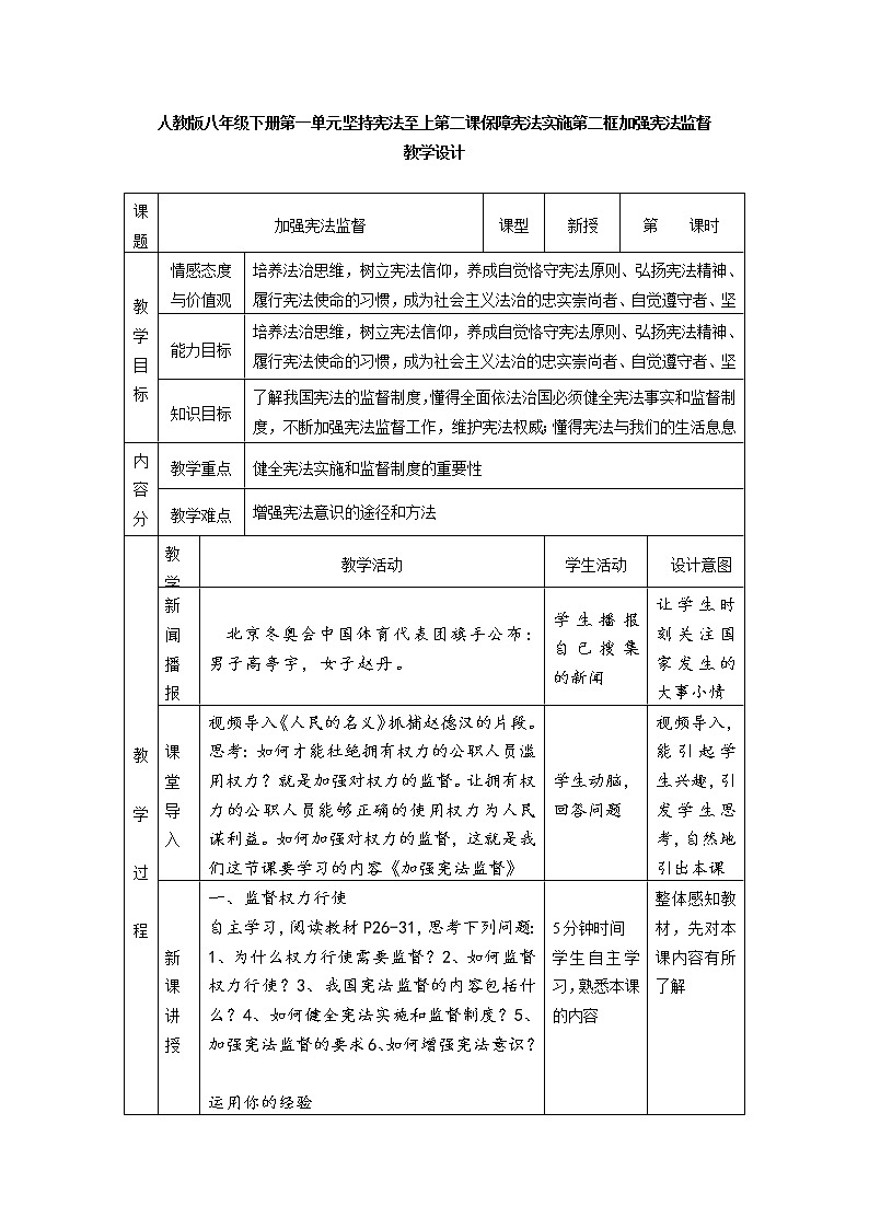 2021-2022学年统编版道德与法治八年级下册 2.2加强宪法监督教案 (3)第1页