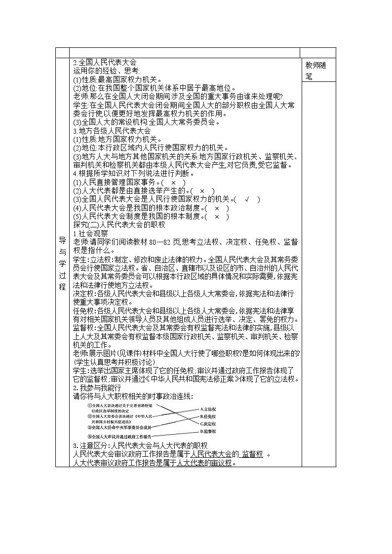 2021-2022学年统编版道德与法治八年级下册 6.1国家权力机关 教案02