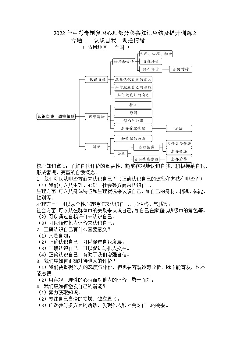 2022年中考道德与法治一轮复习心理部分必备知识总结及提升训练（二）导学案第1页