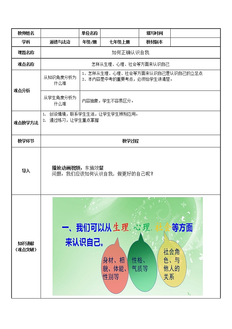 部编版道德与法治七年级上册 如 何正解认识自我 （教案）01