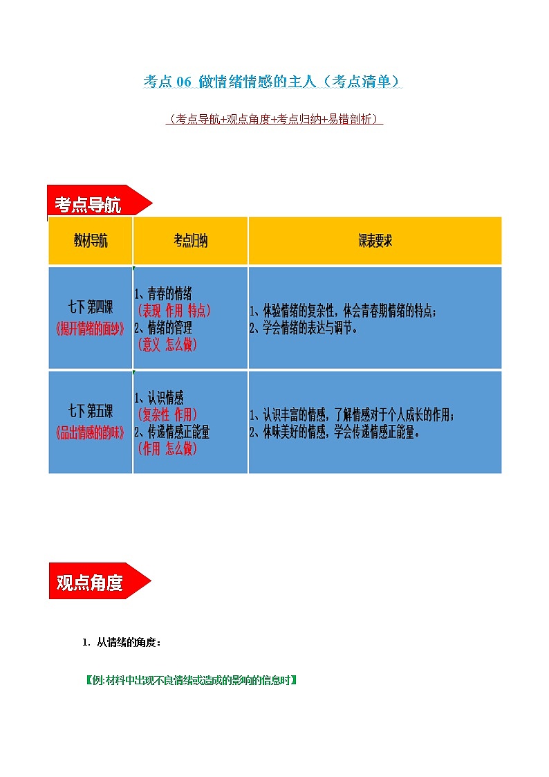 2022年中考道德与法治第一轮夯实基础靶向复习       考点06+做情绪情感的主人（考点清单）第1页