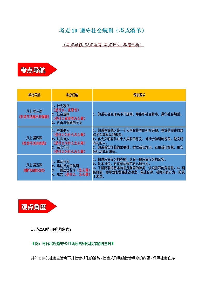 2022年中考道德与法治第一轮夯实基础靶向复习       考点10+遵守社会规则（考点清单）第1页