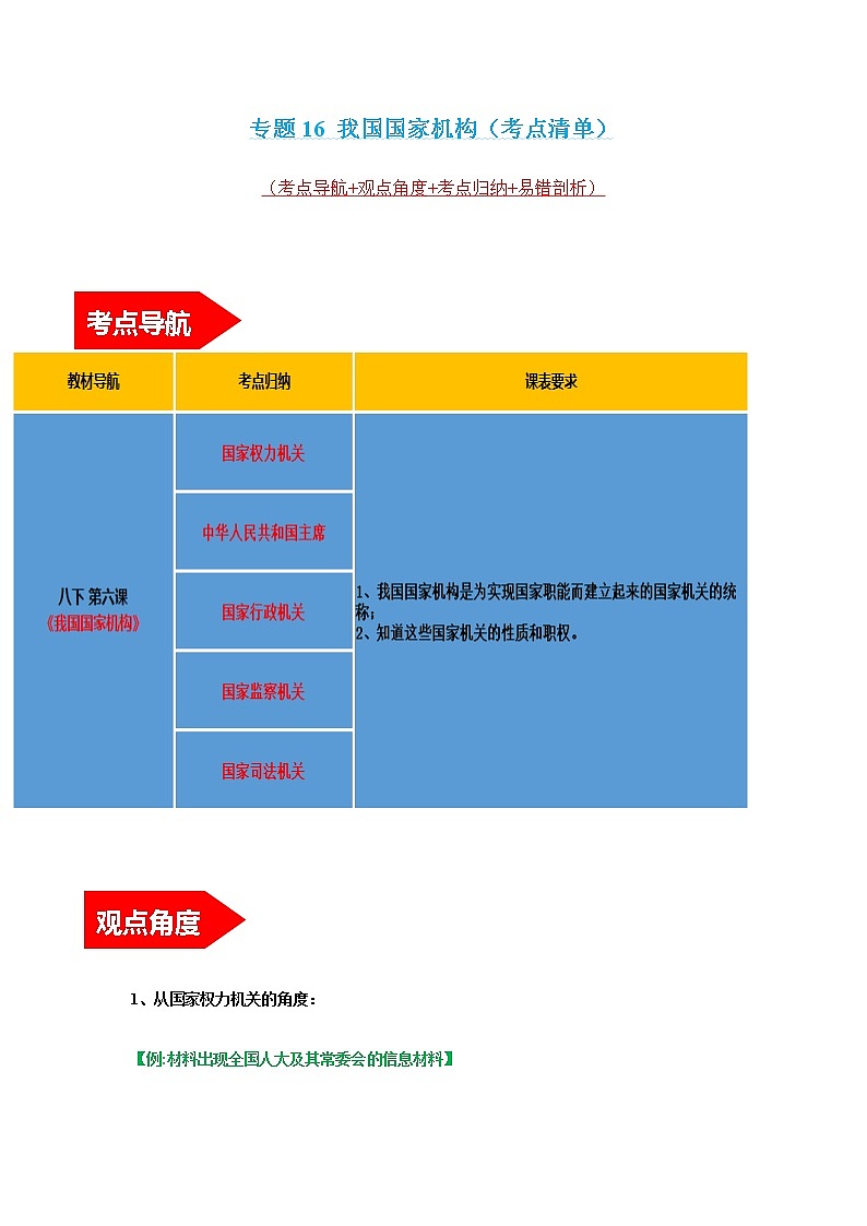 2022年中考道德与法治第一轮夯实基础靶向复习       专题16+我国国家机构（考点清单）第1页