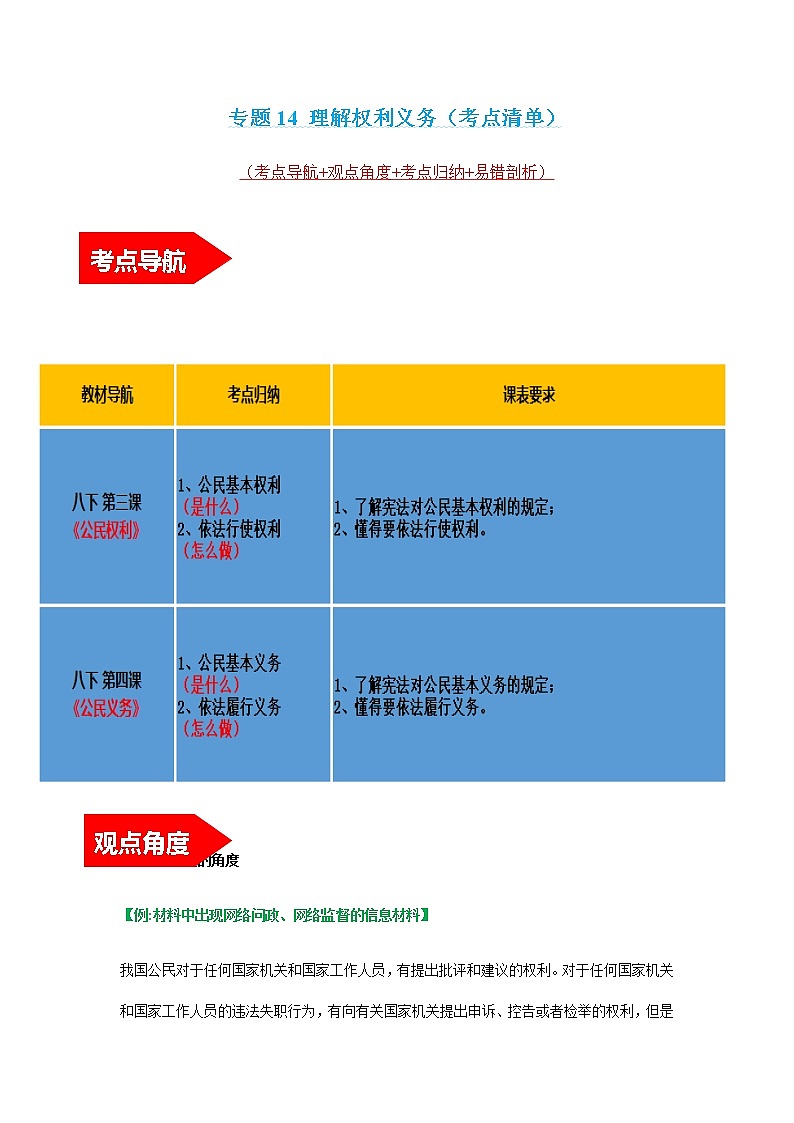 2022年中考道德与法治第一轮夯实基础靶向复习       专题14 理解权利义务01