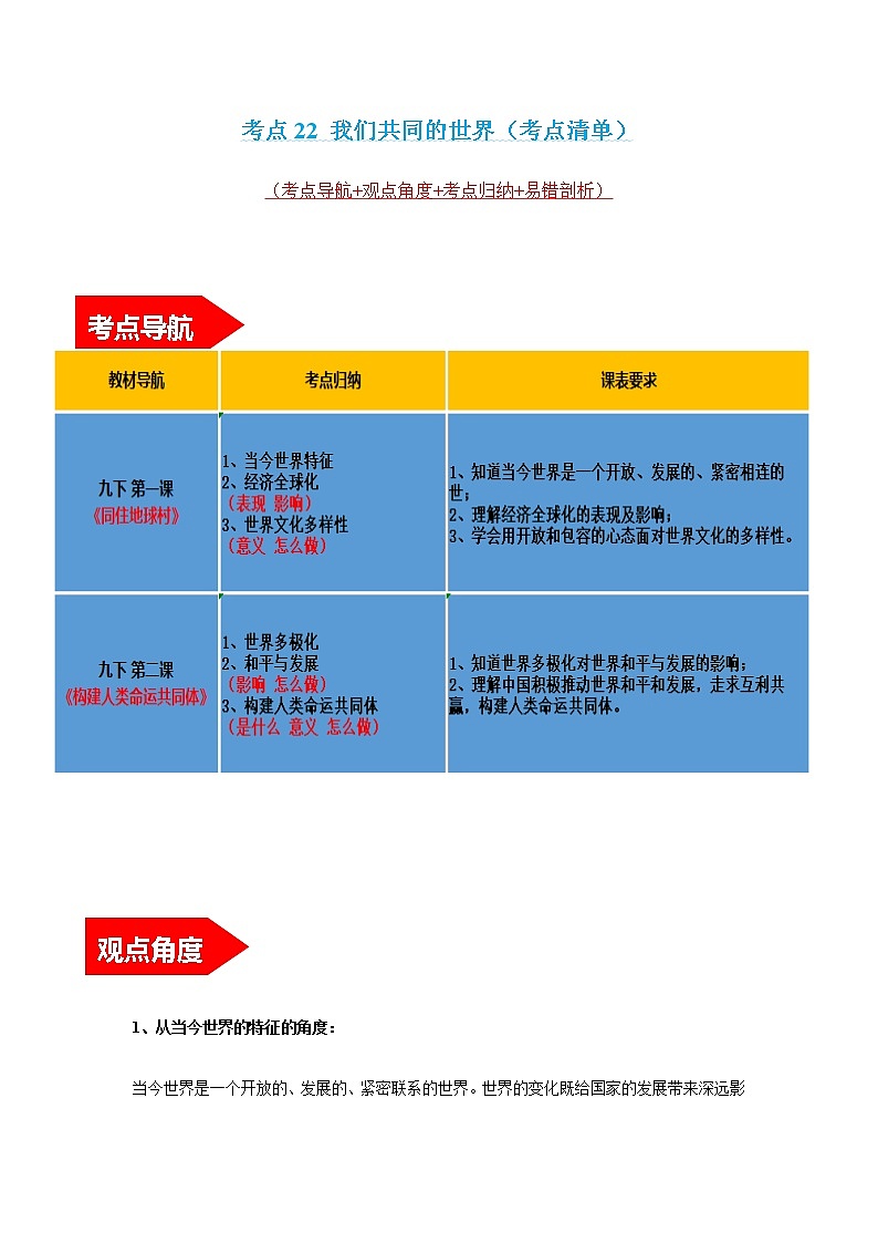 2022年中考道德与法治第一轮夯实基础靶向复习       考点22+我们共同的世界（考点清单）第1页