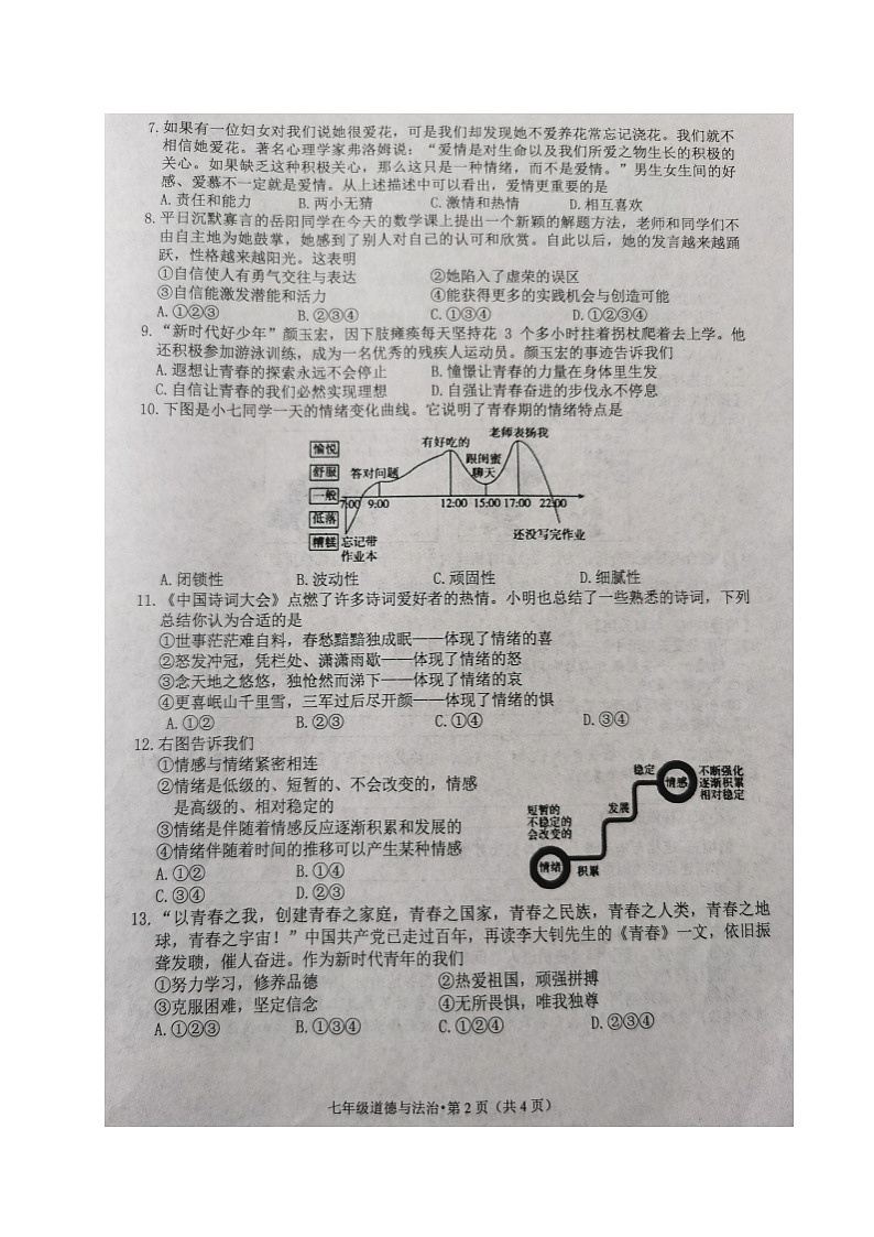 安徽省黄山市歙县2021-2022学年七年级下学期期中考试道德与法治试题（有答案）第2页