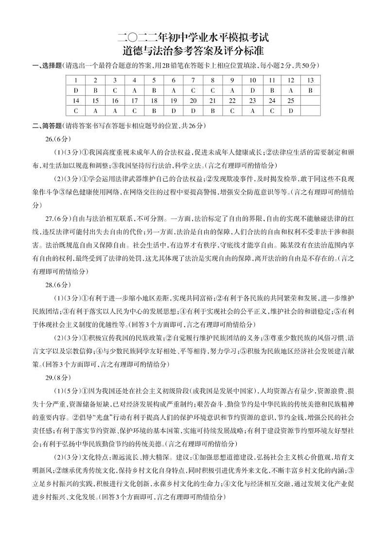 2022年云南省昭通市永善县初中学业水平模拟考试道德与法治试题01