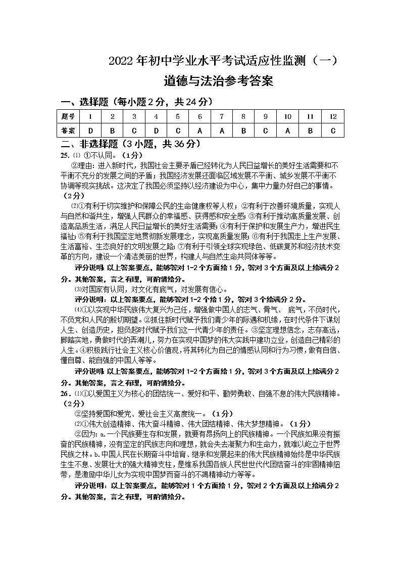 湖北省宣县恩道法2022年初中学业水平九年级考试适应性监测(一模)参考答案第1页