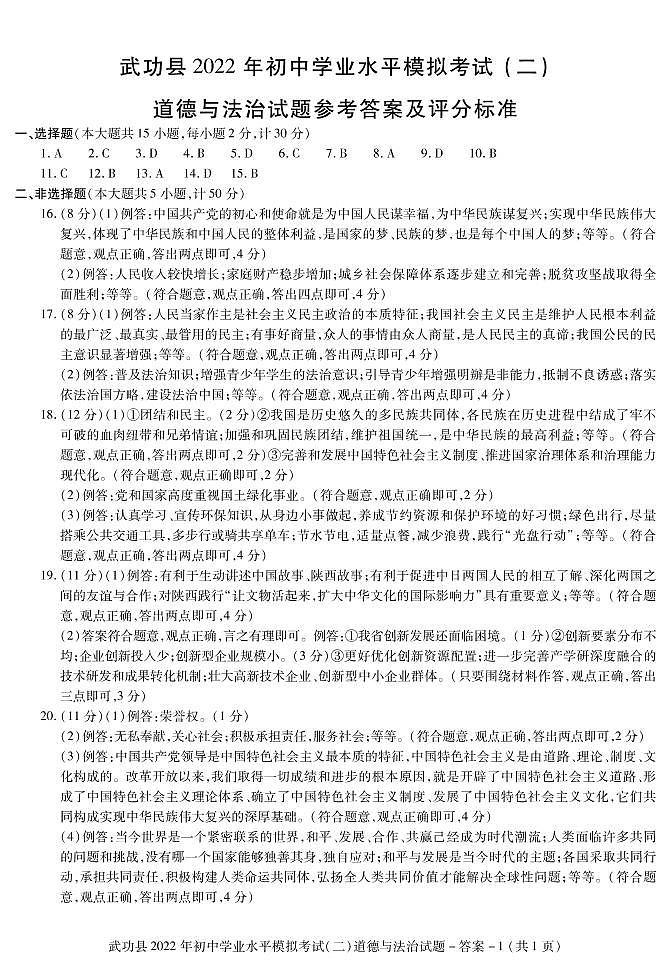 2022年陕西省咸阳市武功县初中学业水平考试模拟道德与法治试题（二）01