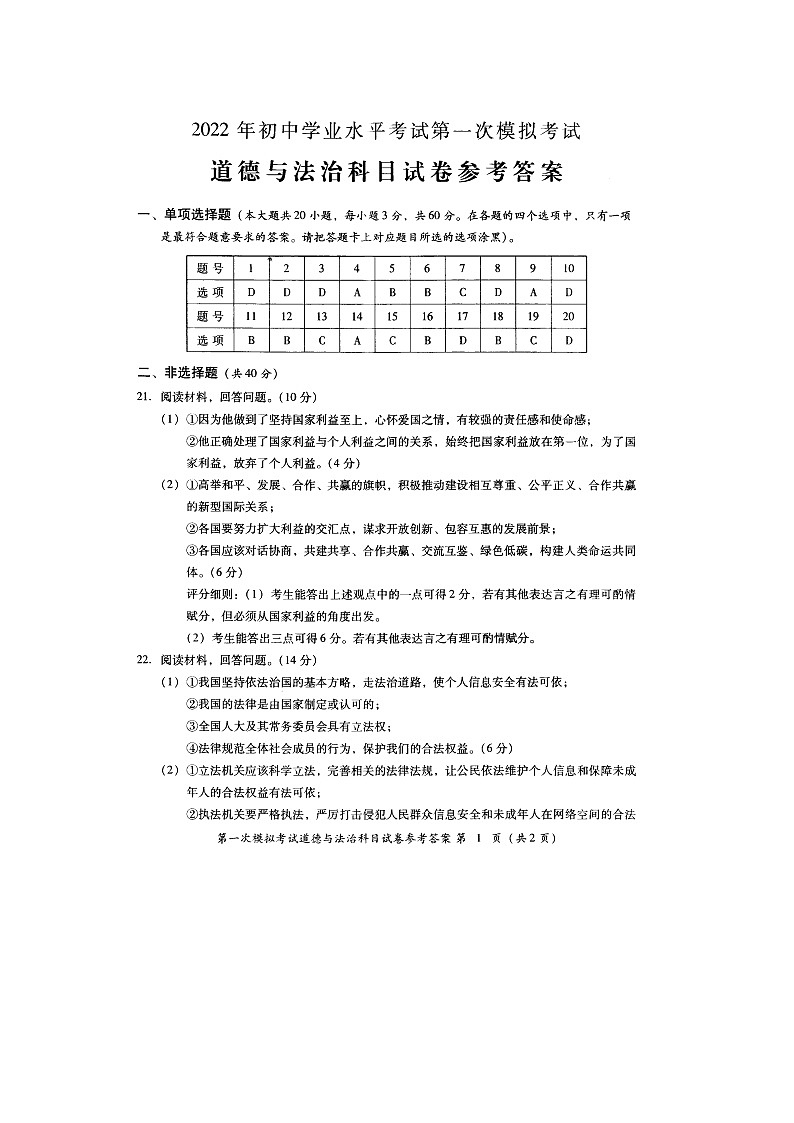2022年广东省揭阳市初中学业水平考试第一次模拟考试道德与法治试题01