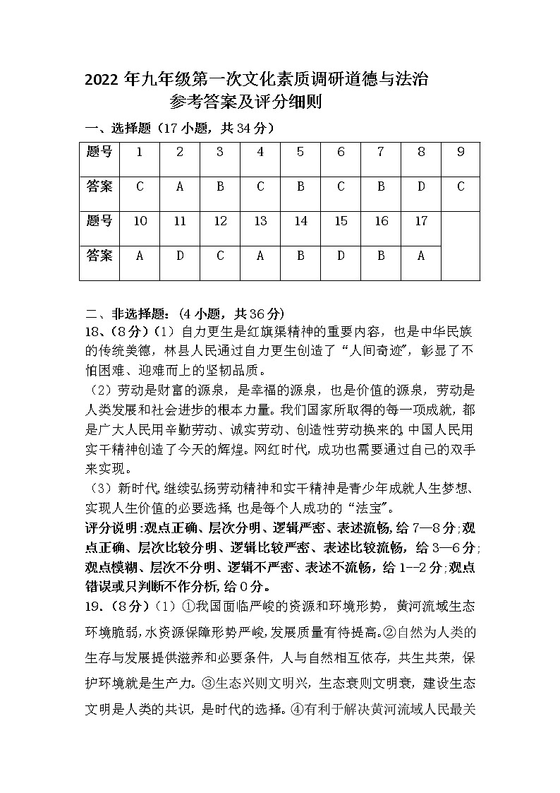 2022九年级道法第一次调研参考答案第1页