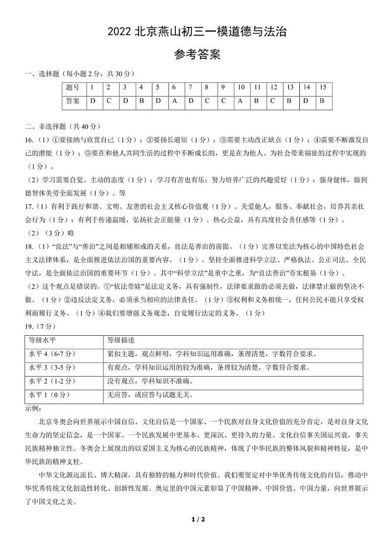 2022年北京市燕山地区中考一模道德与法治试题01