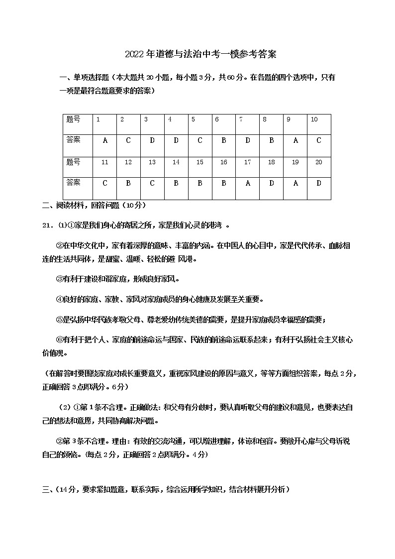 中考一模道德与法治参考答案第1页