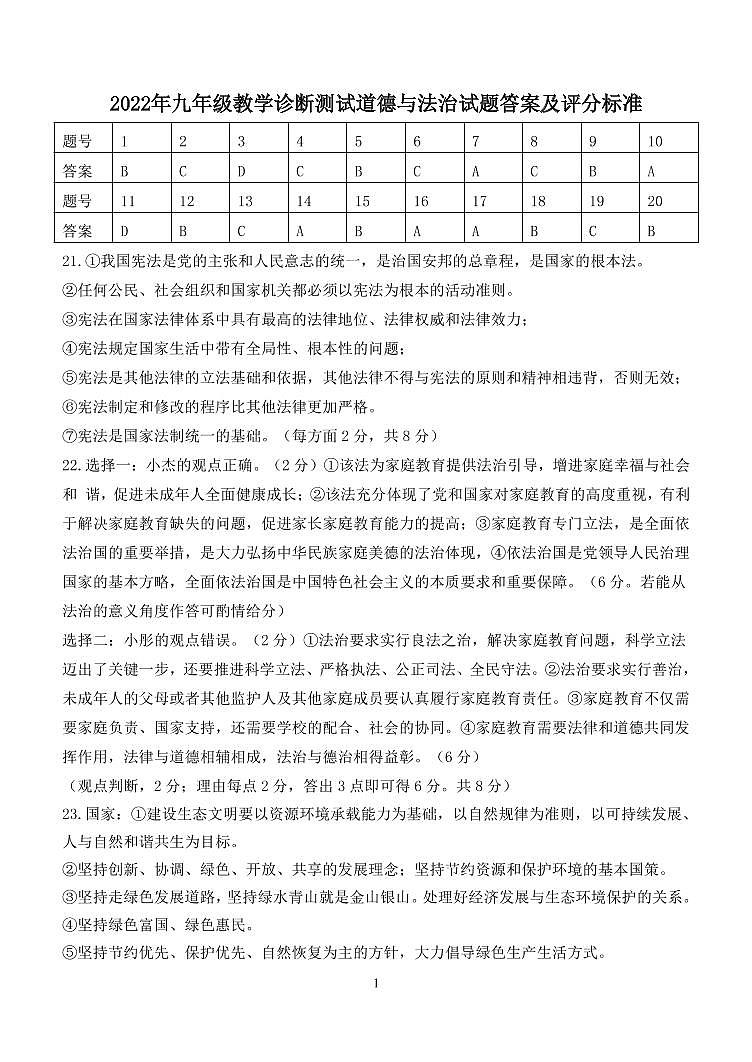 道德与法治参考答案第1页