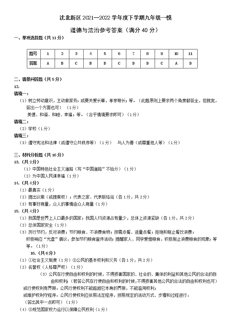 道德与法治九年一模参考答案（2022年4月20日）第1页