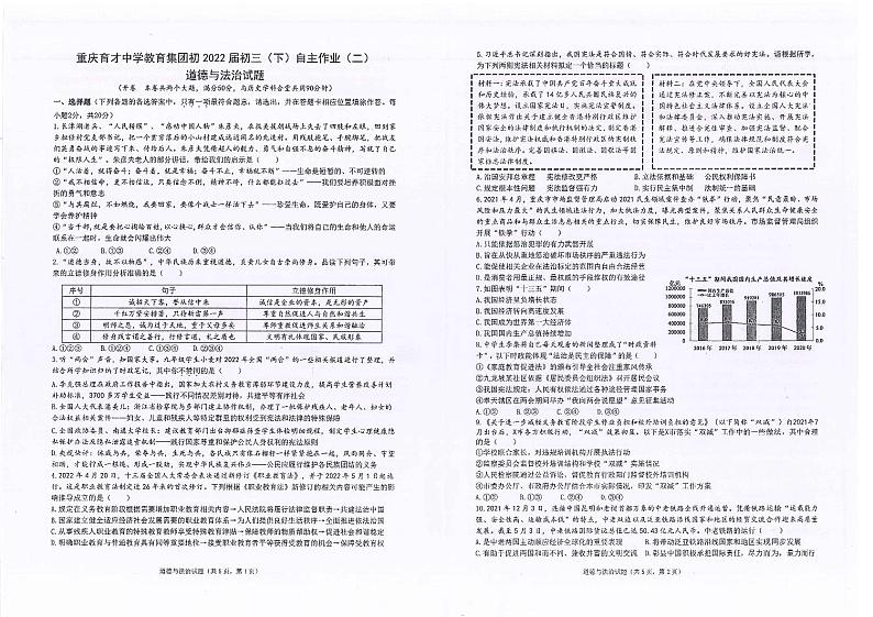 2022年重庆市育才中学校中考第二次诊断考试道德与法治试卷（无答案）第1页