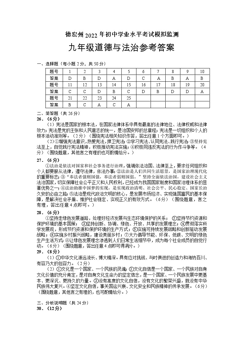 九年级道德与法治答案第1页