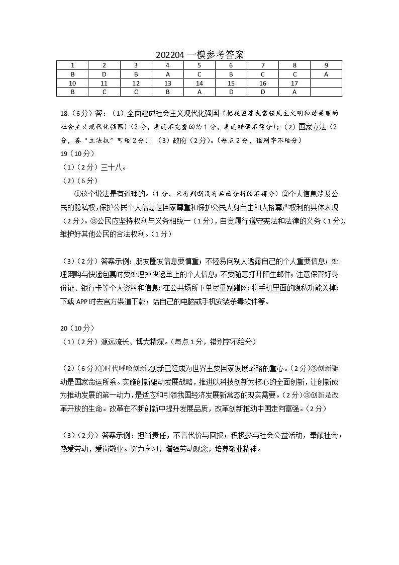2022年广西南宁地区初中第一次学业水平模拟考试道德与法治试题（有答案）01