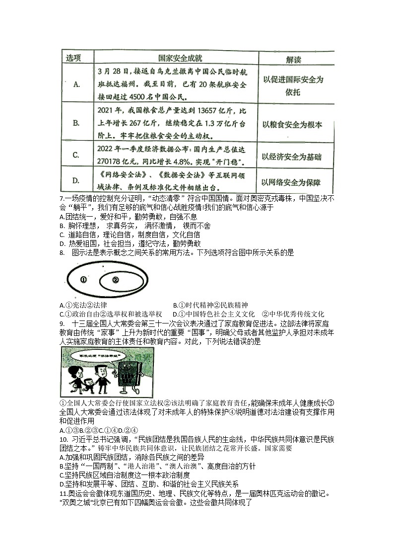 2022年江苏省宿迁市泗阳县中考二模道德与法治试题（有答案）第2页