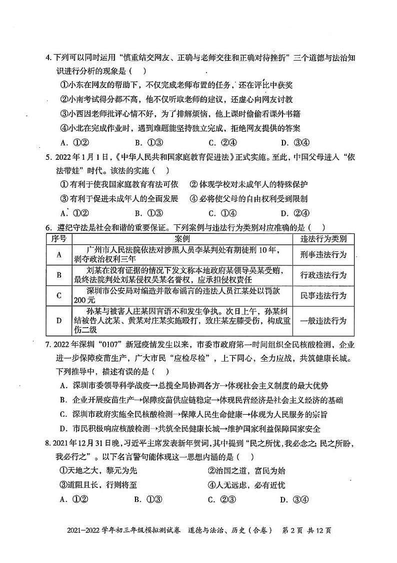 2022年广东省深圳市坪山区九年级4月模拟（二模）道德与法治卷第2页