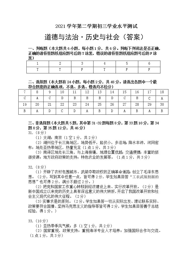 2022年浙江省杭州市上城区中考一模历史与社会道德与法治（答案）第1页