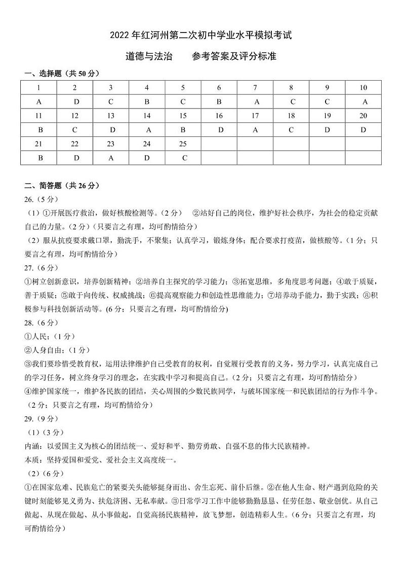 道德与法治模拟卷参考答案第1页